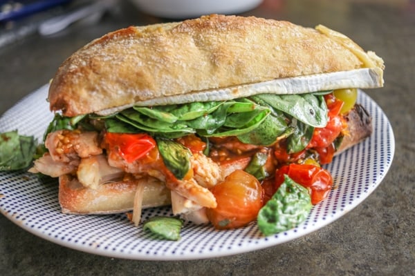 Chicken Sandwich with Balsamic Glazed Cherry Tomatoes and Brie Cheese
