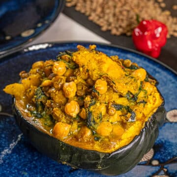 Curried Lentils, Garbanzo Beans, & Spinach Stuffed Acorn Squash